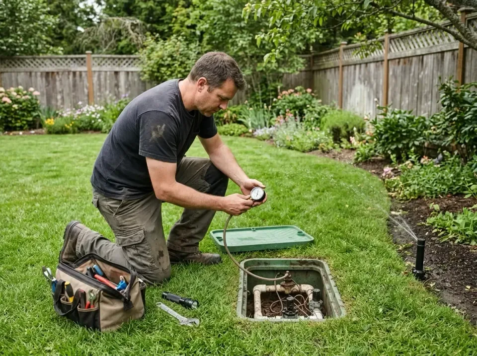 Plumber — Residential Backyard Plumber — Residential Backyard — Plumber, Tool Bag, Pressure Gauge, Residential Backyard, Plumbing