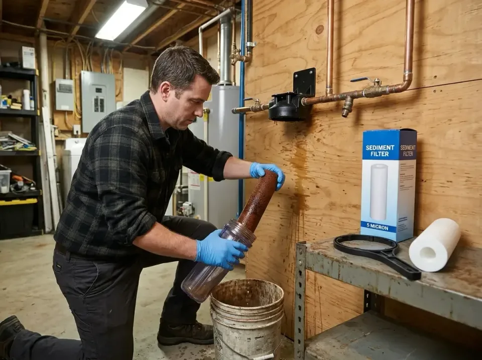 Technician — Basement — Technician, Whole House Filter Housing, Used Filter Cartridge, Basement, Plumbing